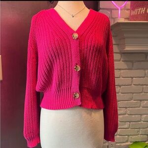Hot Pink V-Neck Cardigan Sweater